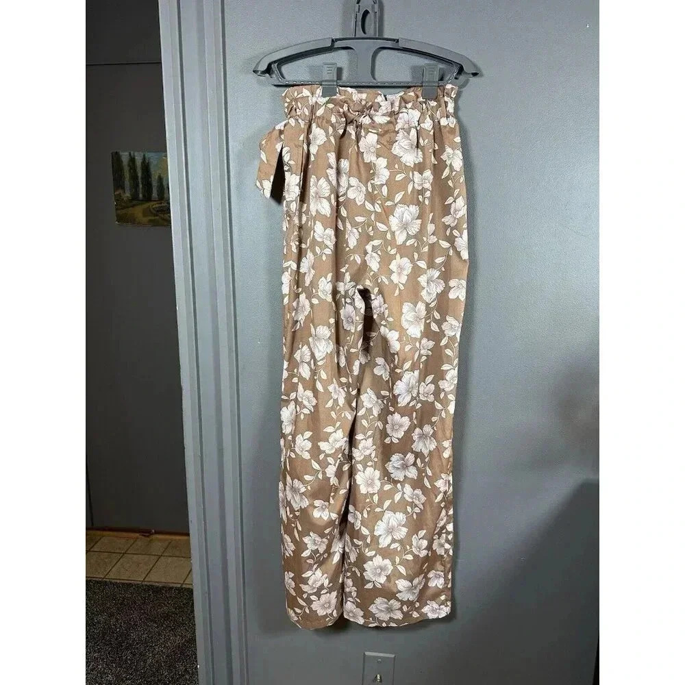 BOG collective wide leg pant Small S‎ Brown Floral Pink Print BK garments